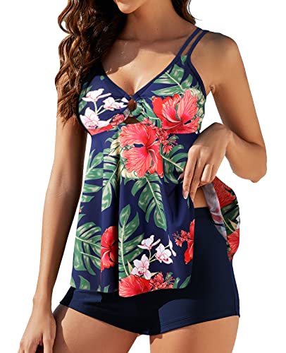 Genfien Tankini Damen Bauchweg Bademode Set Zweiteilig Push up Bademoden Bauchweg Tankini Set mit Tankini Top Beachwear Hotpants Badeanzug mit Zwei Trägern von Genfien