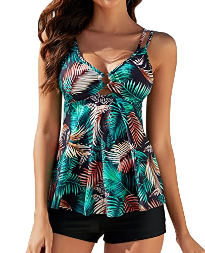 Genfien Tankini Damen Bauchweg Bademode Set Zweiteilig Push up Bademoden Bauchweg Tankini Set mit Tankini Top Beachwear Hotpants Badeanzug mit Zwei Trägern von Genfien