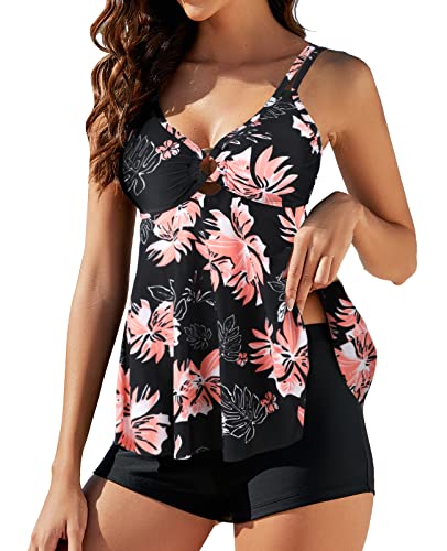 Genfien Tankini Damen Bauchweg Bademode Set Zweiteilig Push up Bademoden Bauchweg Tankini Set mit Tankini Top Beachwear Hotpants Badeanzug mit Zwei Trägern von Genfien