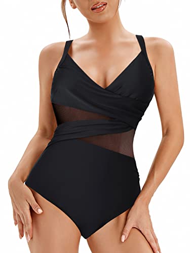 Genfien Einteiliger Badeanzug mit V-Ausschnitt für Damen Eingewickelter Mesh-Badeanzug mit Bauchkontrolle und verstellbaren Spaghettiträgern Sexy Bademode Swimsuit von Genfien