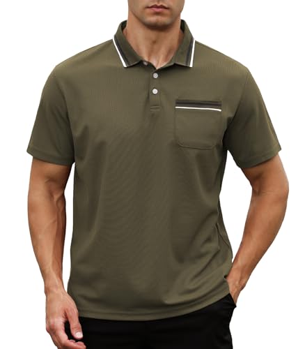 Genfien Herren Poloshirt Kurzarm Golf Poloshirts mit Tasche Kontrastfarbe Ausschnitt Baumwolle Basic T-Shirt Polohemd Sommer von Genfien