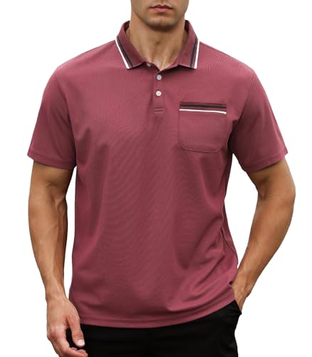 Genfien Herren Poloshirt Kurzarm Golf Poloshirts mit Tasche Kontrastfarbe Ausschnitt Baumwolle Basic T-Shirt Polohemd Sommer von Genfien