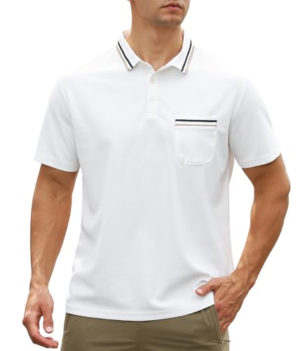 Genfien Herren Poloshirt Kurzarm Golf Poloshirts mit Tasche Kontrastfarbe Ausschnitt Baumwolle Basic T-Shirt Polohemd Sommer von Genfien