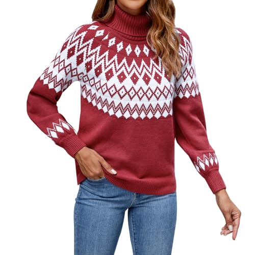 Genfien Damen Pullover mit Rollkragen, Elegant, Langarm, Lose, Grobstrick, Weihnachtspulli, Casual, Weich in Burgunderröt von Genfien