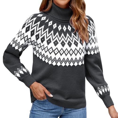 Genfien Pullover für Damen Pullover Damen Rollkragenshirt Cable Knit Elegant Langarm Tops Lose Grobstrick Damen Weihnachtspulli Casual Weich von Genfien