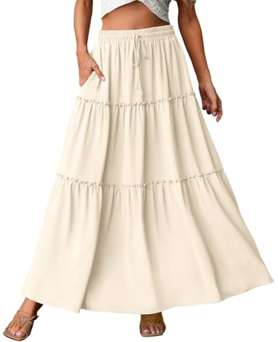 Genfien Rock Damen Lang Boho Hohe Elastische Taille mit Taschen und Gürtel Maxi Skirt Midi Freizeitrock Einfarbig Rock A-Line Casual Sommer Maxirock von Genfien