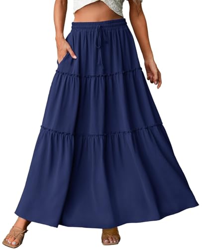Genfien Rock Damen Lang Boho Hohe Elastische Taille mit Taschen und Gürtel Maxi Skirt Midi Freizeitrock Einfarbig Rock A-Line Casual Sommer Maxirock von Genfien