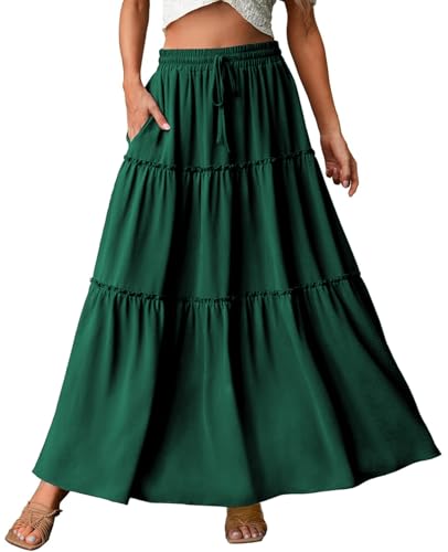 Genfien Rock Damen Lang Boho Hohe Elastische Taille mit Taschen und Gürtel Maxi Skirt Midi Freizeitrock Einfarbig Rock A-Line Casual Sommer Maxirock von Genfien