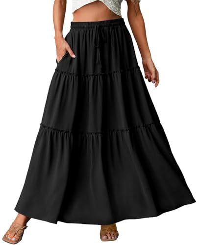 Genfien Rock Damen Lang Boho Hohe Elastische Taille mit Taschen und Gürtel Maxi Skirt Midi Freizeitrock Einfarbig Rock A-Line Casual Sommer Maxirock von Genfien