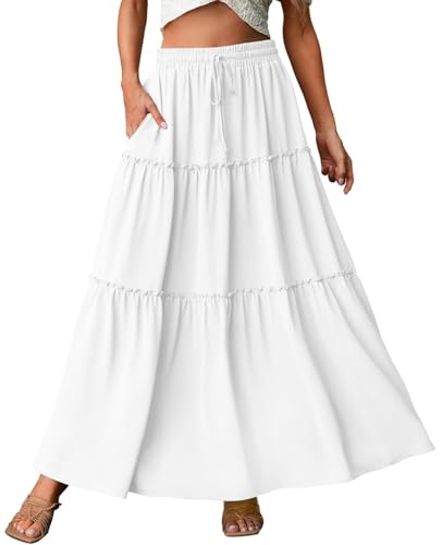 Genfien Rock Damen Lang Boho Hohe Elastische Taille mit Taschen und Gürtel Maxi Skirt Midi Freizeitrock Einfarbig Rock A-Line Casual Sommer Maxirock von Genfien
