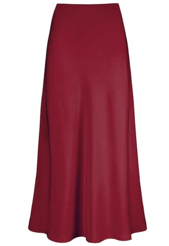 Genfien Röcke Damen Midi-Länge Elegant Röck Hohe Taille Damen Satin Röcke Mit Reißverschluss Midirock Versteckter Gummizug in der Taille Einfarbig von Genfien