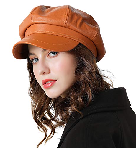 Genfien Schirmmütze Barett Mütze Damen Bakerboy Mütze Beret Cap PU Leder Winter Warm Soft Mode lässig Schirmmützen für Damen Outdoor von Genfien