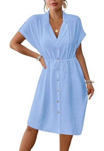 Genfien Sommerkleid Damen Knielang Kurzarm Blusenkleid Elegant V-Ausschnitt Midikleid Casual Strandkleid mit Taschen von Genfien