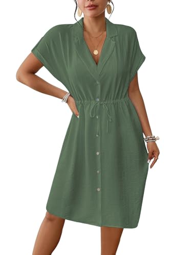 Genfien Sommerkleid Damen Knielang Kurzarm Blusenkleid Elegant V-Ausschnitt Midikleid Casual Strandkleid mit Taschen von Genfien