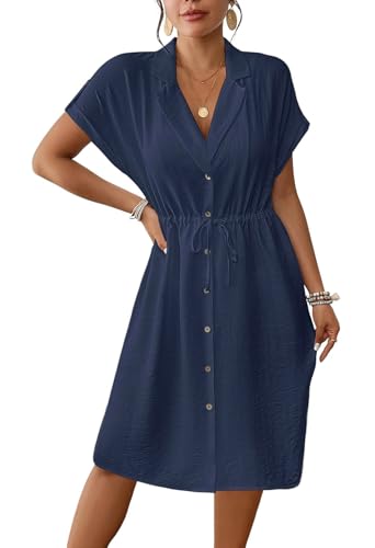 Genfien Sommerkleid Damen Knielang Kurzarm Blusenkleid Elegant V-Ausschnitt Midikleid Casual Strandkleid mit Taschen von Genfien