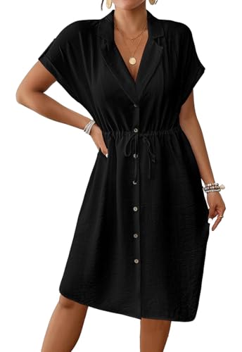 Genfien Sommerkleid Damen Knielang Kurzarm Blusenkleid Elegant V-Ausschnitt Midikleid Casual Strandkleid mit Taschen von Genfien