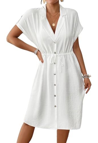 Genfien Sommerkleid Damen Knielang Kurzarm Blusenkleid Elegant V-Ausschnitt Midikleid Casual Strandkleid mit Taschen von Genfien