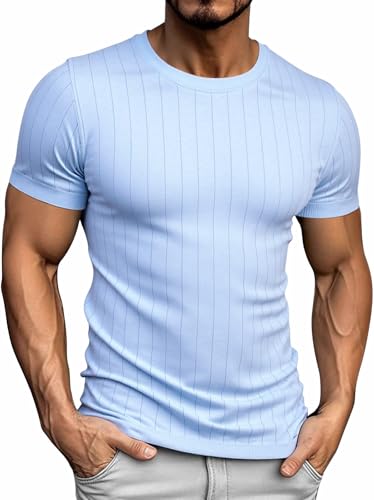 Genfien T-Shirt für Herren Strick Kurz Ärmel Rundhalsausschnitt Regular Fit Einfarbige Farbe Strickhemden von Genfien