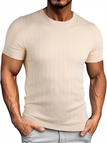 Genfien T-Shirt für Herren Strick Kurz Ärmel Rundhalsausschnitt Regular Fit Einfarbige Farbe Strickhemden von Genfien