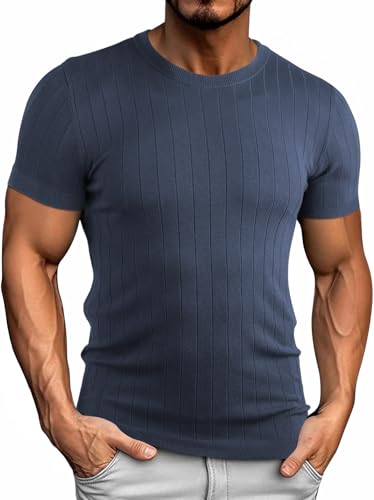 Genfien T-Shirt für Herren Strick Kurz Ärmel Rundhalsausschnitt Regular Fit Einfarbige Farbe Strickhemden von Genfien