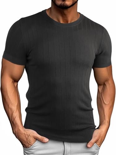 Genfien T-Shirt für Herren Strick Kurz Ärmel Rundhalsausschnitt Regular Fit Einfarbige Farbe Strickhemden von Genfien