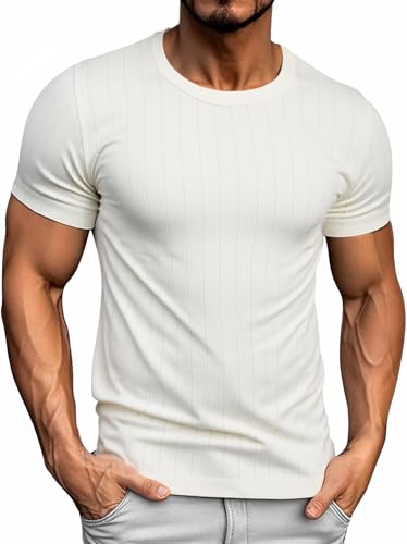 Genfien T-Shirt für Herren Strick Kurz Ärmel Rundhalsausschnitt Regular Fit Einfarbige Farbe Strickhemden von Genfien