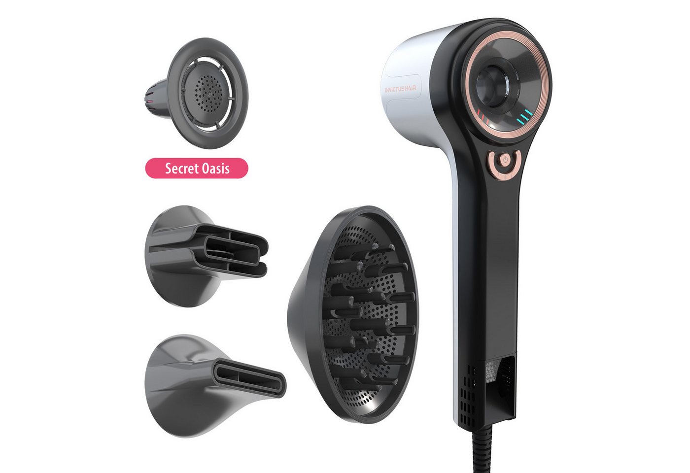 Genius Haartrockner Genius Invictus Hair D7 Ionen Haartrockner 5 tlg, Reise, 1600,00 W, extra langes 2,6 Meter Stromkabel, inklu. Pflege- & Duftaufsatz, innovative negative Ionen-Technologie von Genius