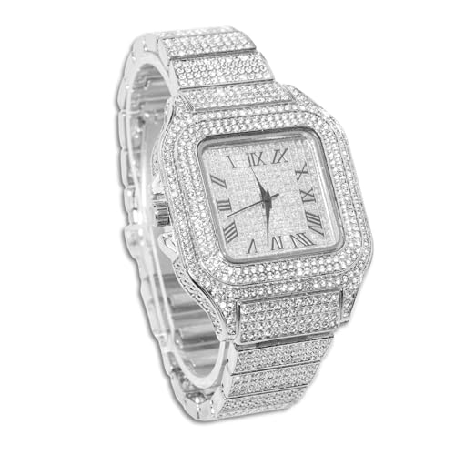 Genkigold Diamantuhr für Herren – 40mm Römische Ziffern Quadratisches Zifferblatt – Platin Plattiert 22cm Armband – Japanisches Quarzwerk – Luxusschmuck von Genkigold