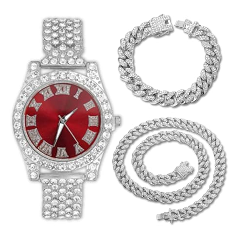 Genkigold Diamantuhr für Teenager Jungen – 37mm Römische Ziffern Rundes Zifferblatt in Rot – Platin Plattiert 20cm Armband – Inkl. Geschenkbox, Kombiniert mit Cuban-Ketten 18cm+40cm von genkigold