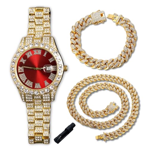 Genkigold Diamantuhr für Teenager Jungen – 42mm Römische Ziffern Rundes Zifferblatt in Rot – 18K Echtgold Plattiert 20cm Armband – Inkl. Einstellwerkzeug, Kombiniert mit Cuban-Ketten 18cm+40cm von genkigold