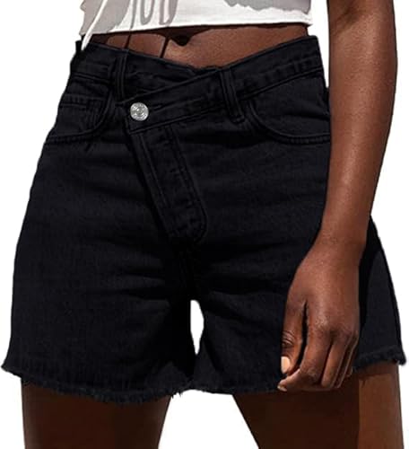 Genleck Damen Crossover-Jeans-Shorts, Stretch, hohe Taille, trendige Denim-Shorts, kurvige, lässige Sommerkleidung, G031-Schwarz, X-Klein von Genleck