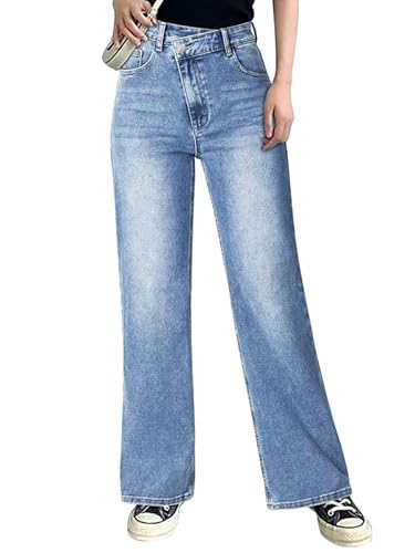 Genleck Damen Crossover Wide Leg Jeans - Stretch Baggy Jeans High Waist Trendy Boyfriend Jeans Crisscross Y2K 90er Jahre Hose, 02-blau-d, 46 von Genleck