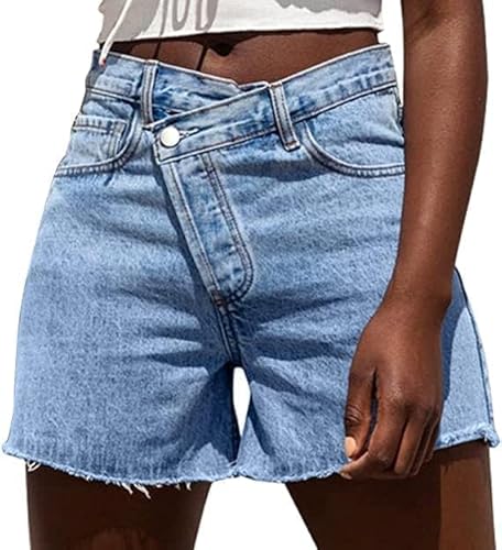 Genleck Damen-Jeans-Shorts, überkreuzt, hohe Taille, dehnbare Denim-Shorts, lässig, Sommer, heiße Shorts (Blau, Größe XS-XL), G030-Blau, Groß von Genleck