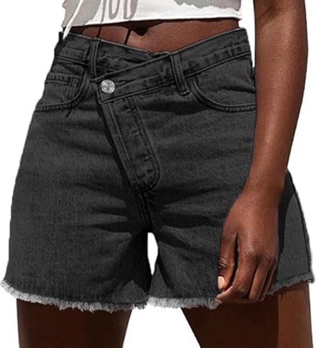 Genleck Damen Crossover-Jeans-Shorts, Stretch, hohe Taille, trendige Denim-Shorts, kurvige, lässige Sommerkleidung, G031 - Schwarzgrau, Groß von Genleck