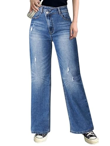 Genleck Weites Bein Jeans für Damen - High Waist Crossover Jeans Stretch Boyfriend Jeans Crisscross Y2K 90er Jahre Denim Pants, 02-Blue-B, 38 von Genleck