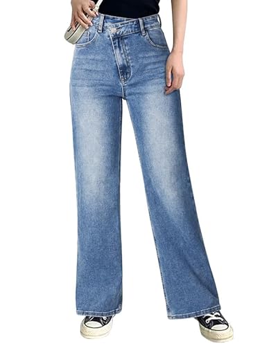 Genleck Frauen Crossover Wide Leg Jeans - Stretch Baggy Jeans High Waist Trendy Boyfriend Jeans Crisscross Y2K 90er Jahre Pants, 02-blau-a, 42 von Genleck