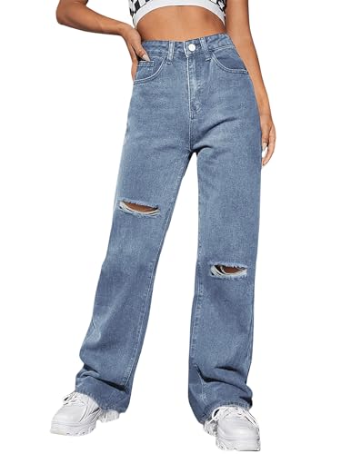 Genleck Y2K Damen-Jeans, lockere Passform, zerrissene Boyfriends-Jeans, hohe Taille, Baggy-Denim-Hose, Distressed Wide Leg Jeans, A-blau, X-Klein von Genleck