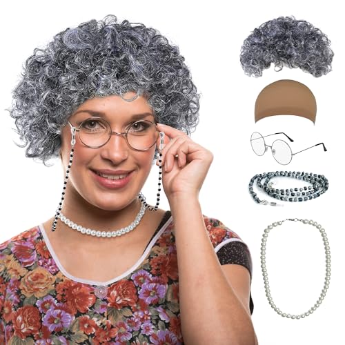 GenmeiFBH Perückenkostüm-Set für alte Dame, graues Haar, Oma-Perücke, Perücke mit Perückenkappe, Brille, Brillenkette und Perlenkette, 5-teiliges Set. Perfekt für 100 Tage Schulkostüm GenmeiFBH Perückenkostüm-Set für alte Dame, graues Haar, Oma-Perücke, Perücke mit Perückenkappe, Brille, Brillenkette und Perlenkette, 5-teiliges Set. Perfekt für 100 Tage Schulkostüm von GenmeiFBH
