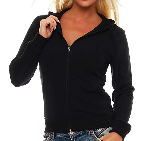 Gennadi Hoppe Damen Sweatjacke Kapuzenjacke Frauen Trainingsjacke Sportjacke Freizeitjacke Zip-Hoodie Zip-Jacke gym Sport sportlich lässig modern leicht bequem dünn Kapuze schwarz schwarze 2XL H7817 von Gennadi Hoppe