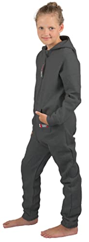 Gennadi Hoppe Kinder Jumpsuit Mädchen Overall Jungen Einteiler Strampler Onesie Schlafoverall Kuschelanzug Hausanzug Anzug Baumwolle bequem modern kuschelig warm weich Kapuze grau grauer 110-116 H8387 von Gennadi Hoppe