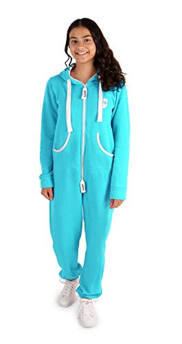 Gennadi Hoppe Kinder Jumpsuit Mädchen Overall Jungen Einteiler Strampler Onesie Schlafoverall Kuschelanzug Pyjama Anzug Baumwolle bequem modern kuschelig warm weich Kapuze türkis 5-6 H6244 von Gennadi Hoppe