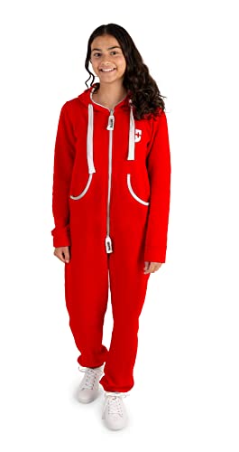 Gennadi Hoppe Kinder Jumpsuit Mädchen Overall Jungen Einteiler Strampler Onesie Schlafoverall Kuschelanzug Pyjama Anzug Baumwolle bequem modern kuschelig warm weich Kapuze rot roter 4-5 H6257 von Gennadi Hoppe