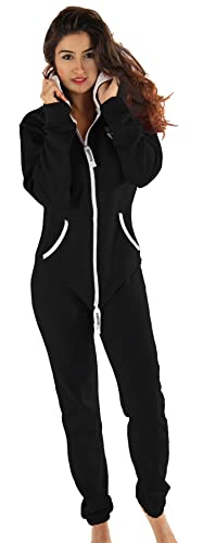 Gennadi Hoppe Damen Jumpsuit Hausanzug Overall Frauen Onesie Ganzkörperanzug Einteiler Baumwolle bequem kuschelig lässig sportlich trendy stylisch weich warm locker schwarz schwarzer L H6123 von Gennadi Hoppe