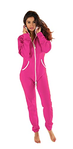 Gennadi Hoppe Damen Jumpsuit Hausanzug Overall Frauen Onesie Ganzkörperanzug Einteiler Baumwolle bequem kuschelig lässig sportlich trendy stylisch weich warm locker pink pinker XL H6130 von Gennadi Hoppe