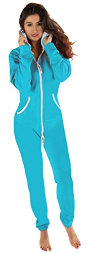 Gennadi Hoppe Damen Jumpsuit Hausanzug Overall Frauen Onesie Ganzkörperanzug Einteiler Baumwolle bequem kuschelig lässig sportlich trendy stylisch weich warm locker türkis L H6141 von Gennadi Hoppe