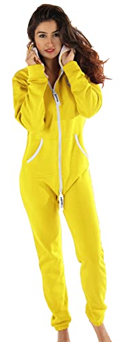 Gennadi Hoppe Damen Jumpsuit Hausanzug Overall Frauen Onesie Ganzkörperanzug Einteiler Baumwolle bequem kuschelig lässig sportlich trendy stylisch weich warm locker gelb gelber XS H6144 von Gennadi Hoppe