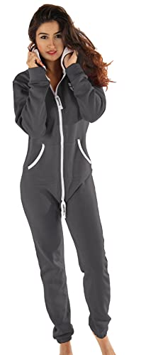 Gennadi Hoppe Damen Jumpsuit Hausanzug Overall Frauen Onesie Ganzkörperanzug Einteiler Baumwolle bequem kuschelig lässig sportlich trendy stylisch weich warm locker grau grauer S H6151 von Gennadi Hoppe