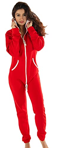 Gennadi Hoppe Damen Jumpsuit Hausanzug Overall Frauen Onesie Ganzkörperanzug Einteiler Baumwolle bequem kuschelig lässig sportlich trendy stylisch weich warm locker rot roter XL H7523 von Gennadi Hoppe