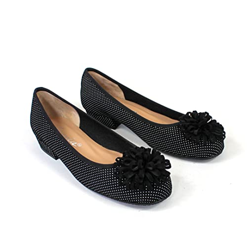 GENNIA CERIELLE - Schwarze Damen-Ballerinas aus Leder-Verzierung und elastischem Rand - Flacher, niedriger Absatz 1 cm - Lässige, Elegante - Schwarzes Veloursleder mit weißen Tupfen Schwarz 36 EU von GENNIA