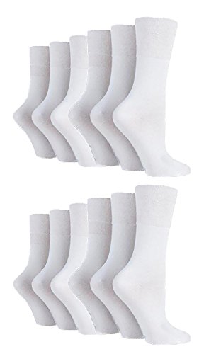 Gentle Grip - 12 Paar Damen Gesundheitssocken Diabetiker Druckfreie Spitze Handgekettelt Baumwollanteil Blumen Socken 37-42 eur (GG67 White) von Gentle Grip